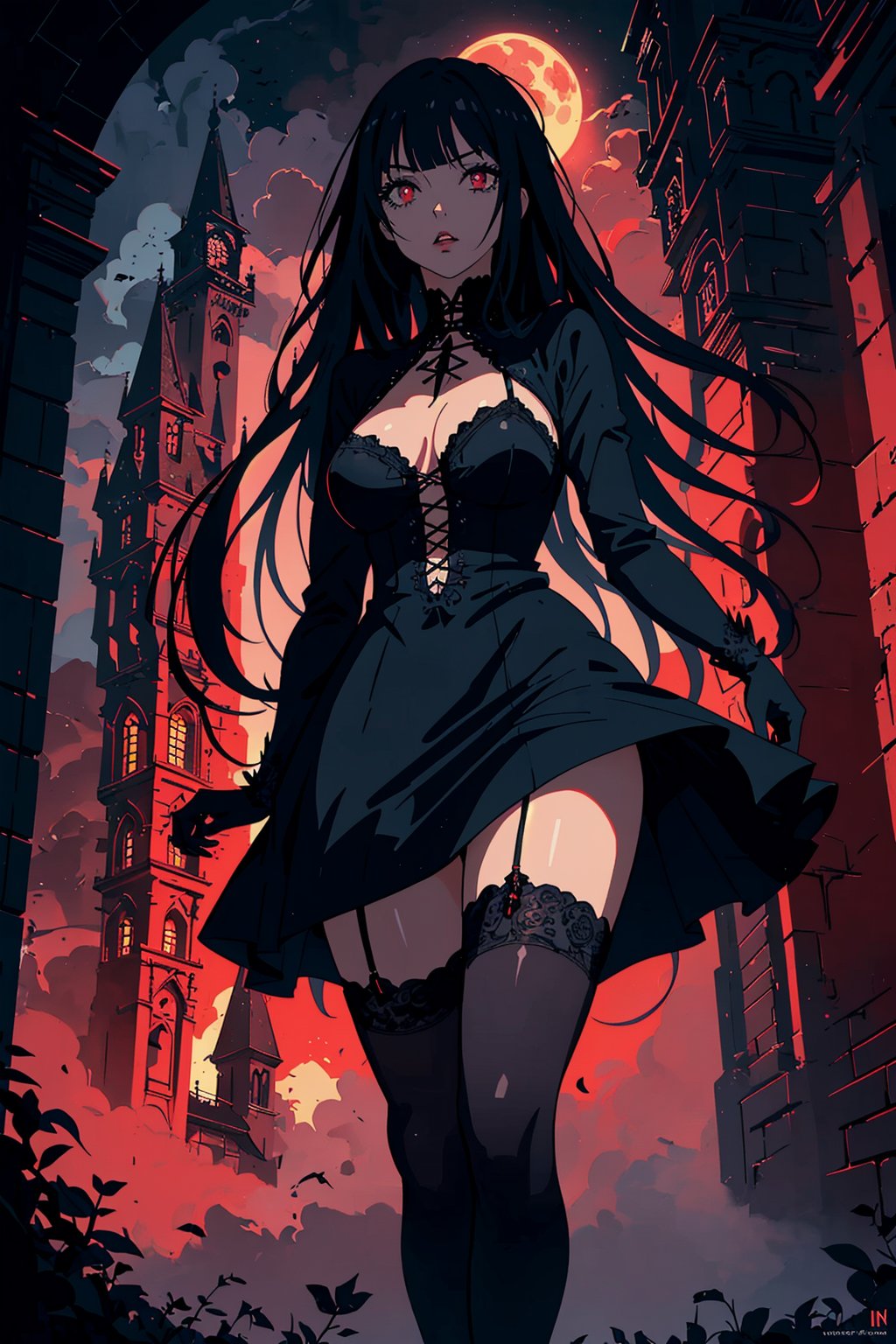 stylized illustration, anime style, beautiful, masterpiece, cinematic, dynamic, expressionism, fantasy art, 1girl in a street, gothic city, gothic buildings, gothic architecture, mouth hold, bangs, long hair, beautiful red detailed eyes, black victorian short dress, stockings, breast, night, heavy red fog, red moon, clouds, red theme, dark theme, gothic style, gradient colors, ambient lighting, low saturation, depth of field, bokeh, best quality, high resolution, intricately detailed