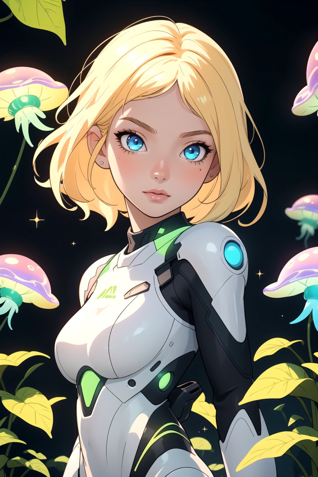 detailed illustration, concept art, masterpiece, anime style, futuristic style, beautiful, a girl wearing a white and green futuristic tight suit, blonde hair, detailed face, detailed blue eyes, alien landscape of a lushy expoplanet, alien vegetation, glowing flying colorful jellyfish, 1girl, 25 years old, futuristic colors, surrealism, bloom, light sparkles, smooth, bokeh, depth of field, intricately detailed, best quality, high resolution,1 girl