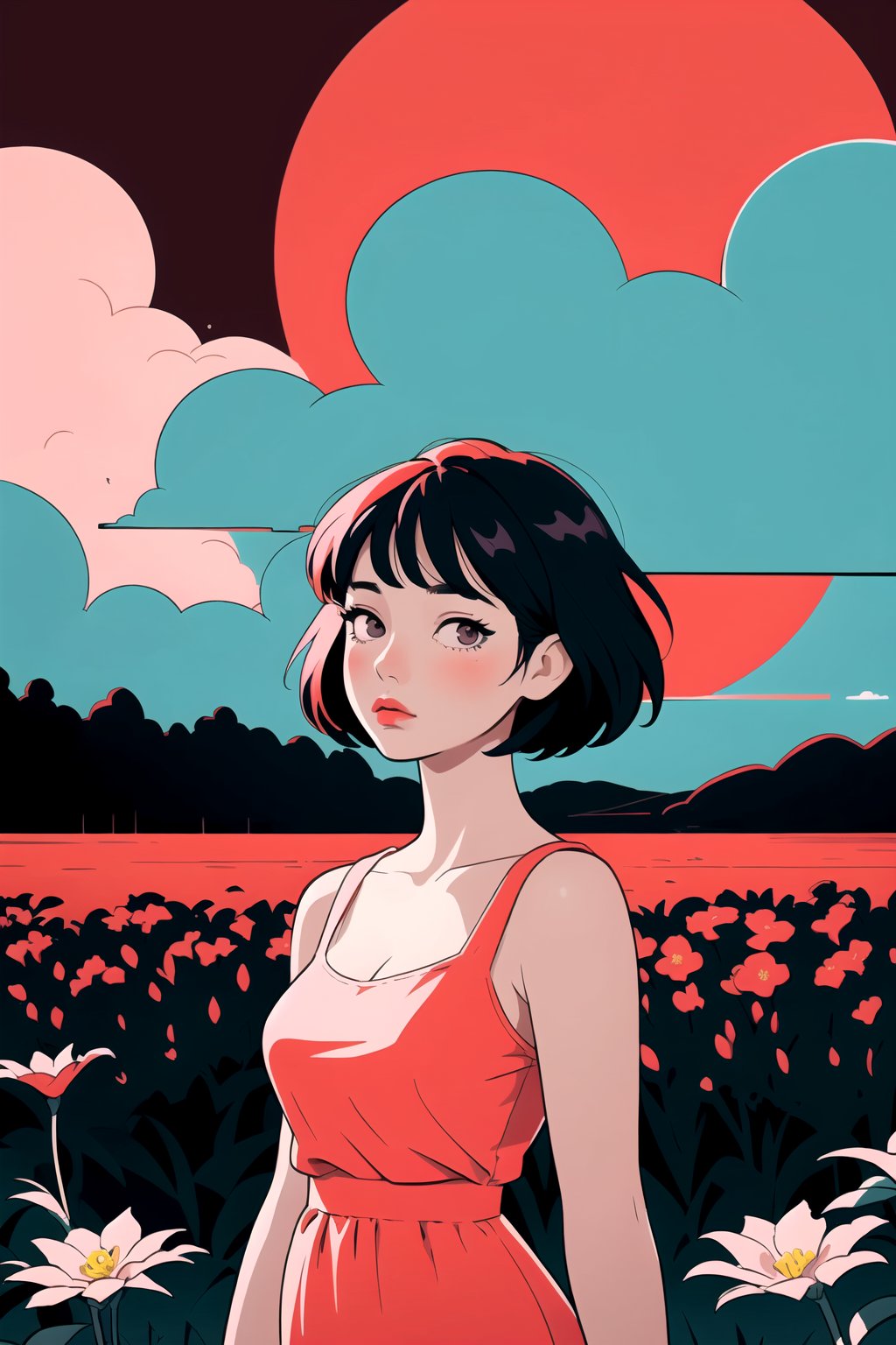 stylized illustration, lineart, expressionism, modern art, cinematic, beautiful, 1girl, 25 years old girl, upper body, breast, light short dress, vegetation, flower, cloud, moon, red theme, colorful, pastel lofi colors, soothing tones, high contrast, low saturation, best quality, high resolution, detailed