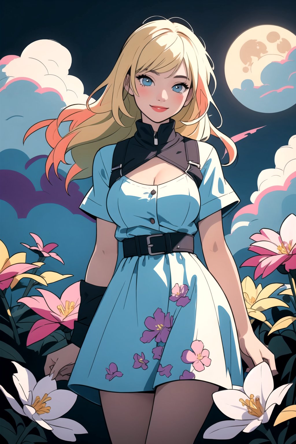 stylized illustration, lineart, expressionism, modern art, cinematic, beautiful, 1girl, 25 years old girl, blonde hair, smile, upper body, breast, light short dress, vegetation, flower, cloud, moon, blue theme, colorful, pastel lofi colors, soothing tones, high contrast, low saturation, best quality, high resolution, intricately detailed