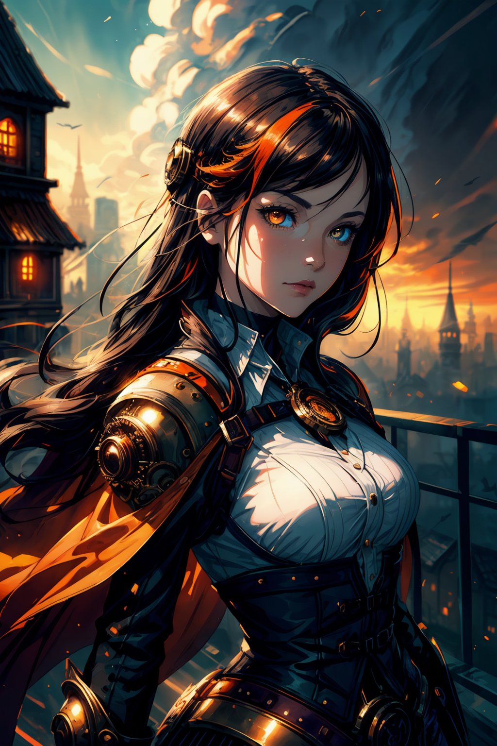 illustration, concept art, fantasy art, masterpiece, dynamic, 1girl, black hair, orange hair highlights, steampunk armor, detailed clothes, steampunk accessories, beautiful detailed orange eyes, clockwork, steampunk city, fantasy architecture, wind, clouds, orange gradient, orange theme, abstract, exposure blend, light rays, depth of field, bokeh, watercolor painting, intricately detailed, best quality, high resolution