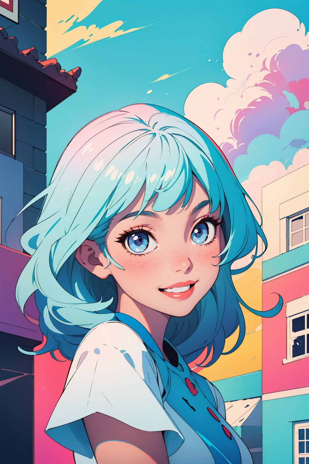 stylized illustration, lineart, beautiful, masterpiece, 1woman, smile, detailed eyes, light short dress, detailed clothes, building, cloud, abstract colors, vibrant pastel colors, warm lighting, high contrast, high saturation, best quality, high resolution