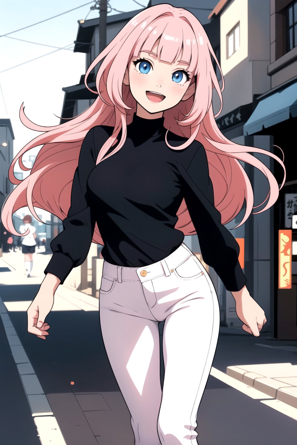 anime style, beautiful, cinematic, dynamic, 1girl in a street, long light pink hair, blunt bangs, smile, open mouth, beautiful blue detailed eyes, detailed face, breast, black shirt, white jeans, high socks, detailed clothes, flat colors, depth of field, bokeh, best quality, high resolution, intricately detailed, ultra realistic