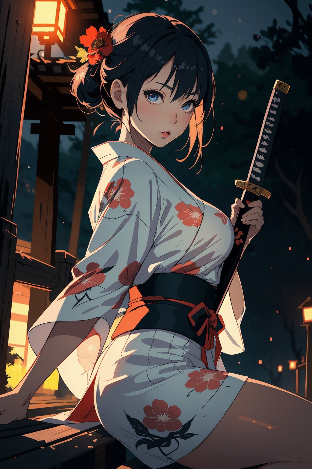 stylized illustration, cinematic, beautiful, dynamic, 1girl, short yukata, geta, wooden bridge, cliff, katana, beautiful detailed eyes, detailed face, breast, stocking, detailed clothes, colorful, tetradic colors, depth of field, bokeh, best quality, high resolution, intricately detailed, ultra realistic