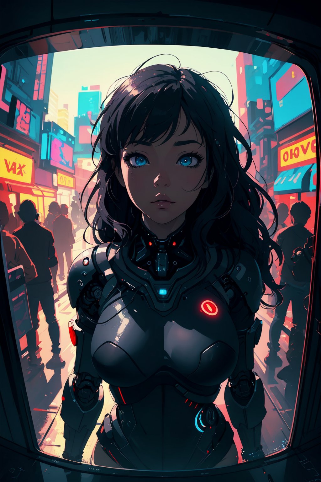 stylized illustration, cartoon style, cinematic, cyberpunk, beautiful, dynamic, pov, cowboy_shot, upper body, 1girl, a cyborg girl, beautiful detailed eyes, detailed face, long wavy messy hair, breast, cyberpunk accessories, shorty, detailed clothes, reflection, colorful, lofi colors, soothing tones, low contrast, low saturation, depth of field, bokeh, best quality, high resolution, intricately detailed, ultra realistic, sleepy