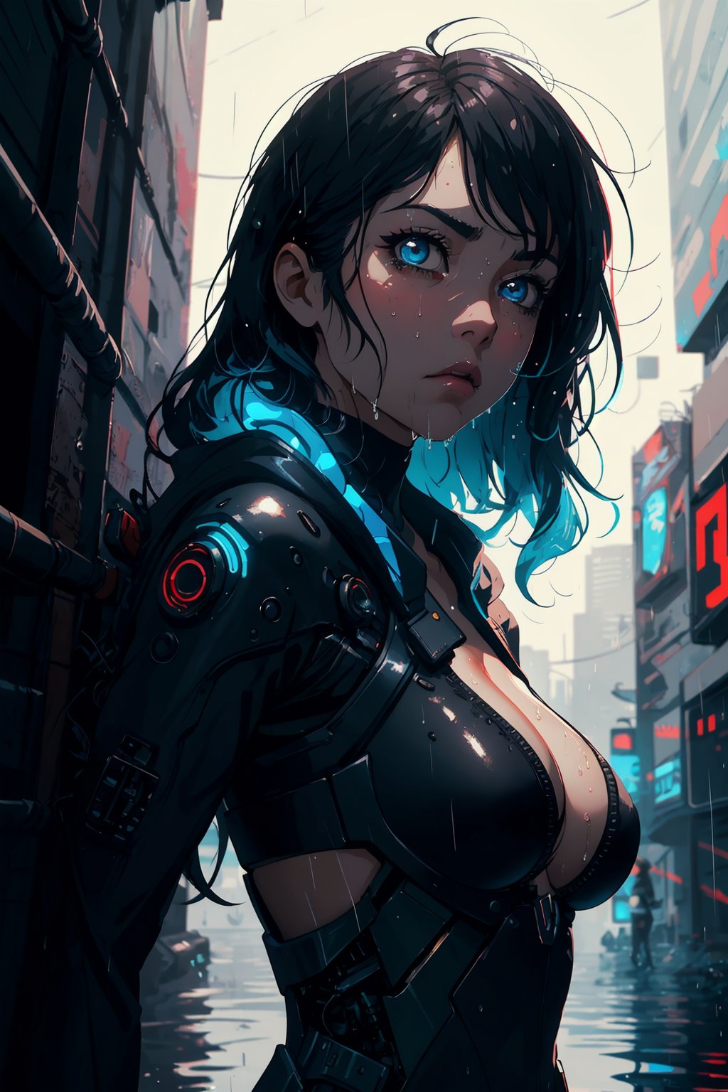 stylized illustration, cartoon style, cinematic, cyberpunk, beautiful, dynamic, pov, cowboy_shot, upper body, 1girl, a cyborg girl, beautiful detailed eyes, detailed face, long wavy messy hair, breast, cyberpunk accessories, shorty, detailed clothes, rain, wet, reflection, colorful, lofi colors, soothing tones, low saturation, depth of field, bokeh, best quality, high resolution, intricately detailed, ultra realistic, annoyed