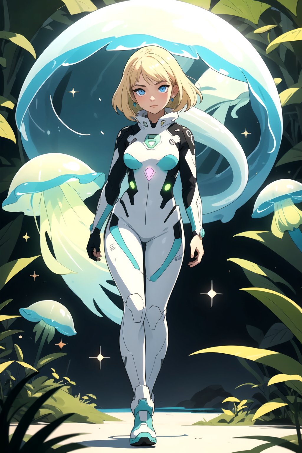 detailed illustration, concept art, masterpiece, anime style, futuristic style, beautiful, full body, a girl wearing a white and green futuristic tight suit, blonde hair, pensive, detailed face, detailed blue eyes, alien landscape of a lushy expoplanet, alien vegetation, glowing flying colorful jellyfish, 1girl, 25 years old, futuristic colors, surrealism, bloom, light sparkles, smooth, bokeh, depth of field, intricately detailed, best quality, high resolution