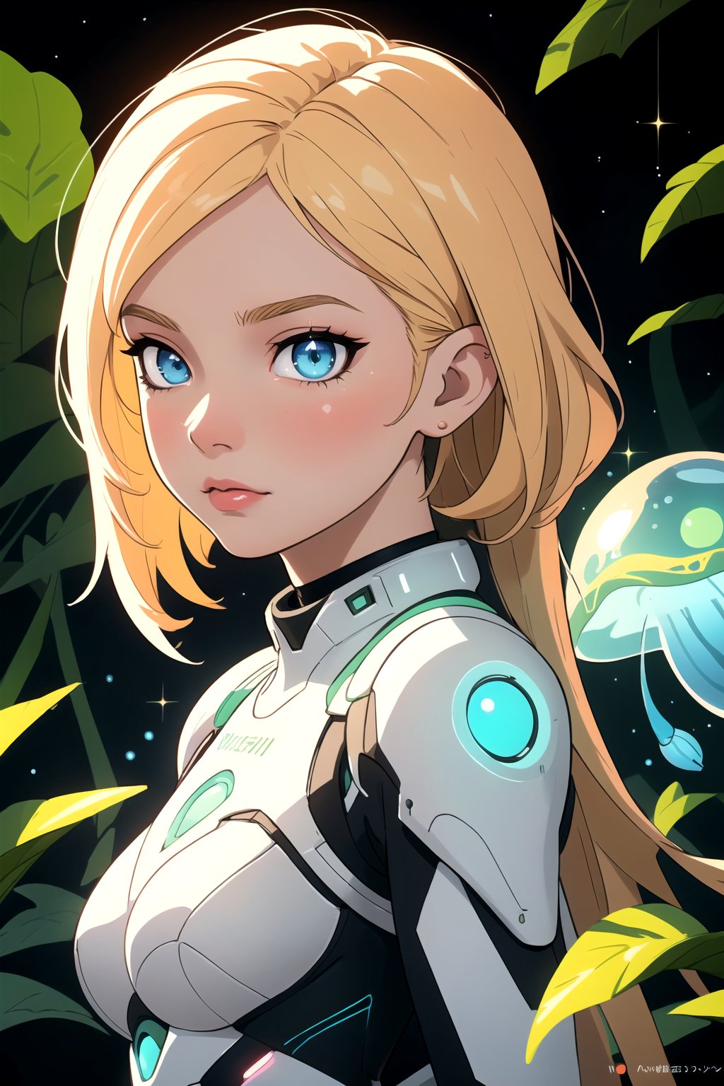 detailed illustration, concept art, masterpiece, anime style, futuristic style, beautiful, a girl wearing a white and green futuristic tight suit, blonde hair, pensive, detailed face, detailed blue eyes, alien landscape of a lushy expoplanet, alien vegetation, glowing flying colorful jellyfish, 1girl, 25 years old, futuristic colors, surrealism, bloom, light sparkles, smooth, bokeh, depth of field, intricately detailed, best quality, high resolution