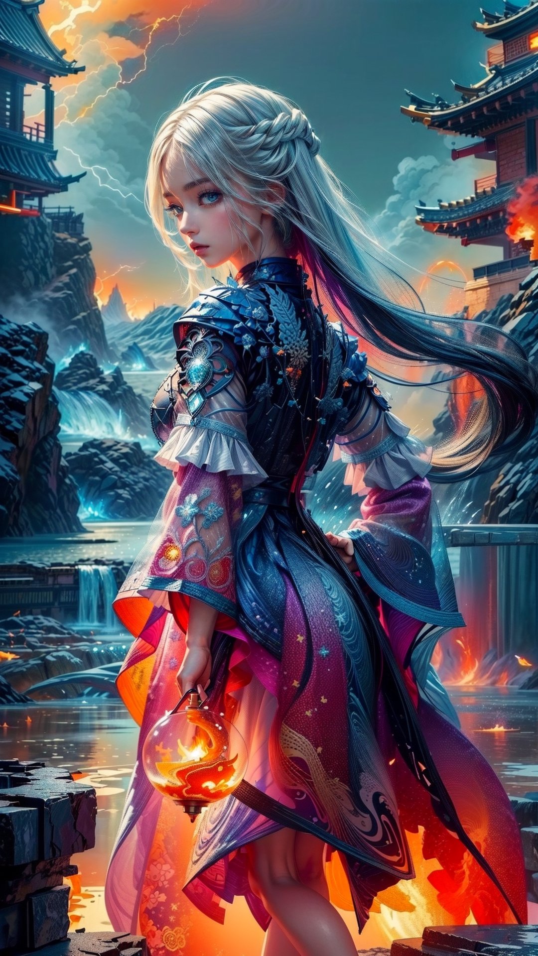 (masterpiece, top quality, best quality, official art, beautiful and aesthetic:1.2), (1girl), extreme detailed, (abstract, fractal art:1.3), long hair, isometric, highest detailed, (fire, water, ice, lightning), ghost,midjourney,1 girl,Game of Thrones,gonggongshi,(PnMakeEnh)