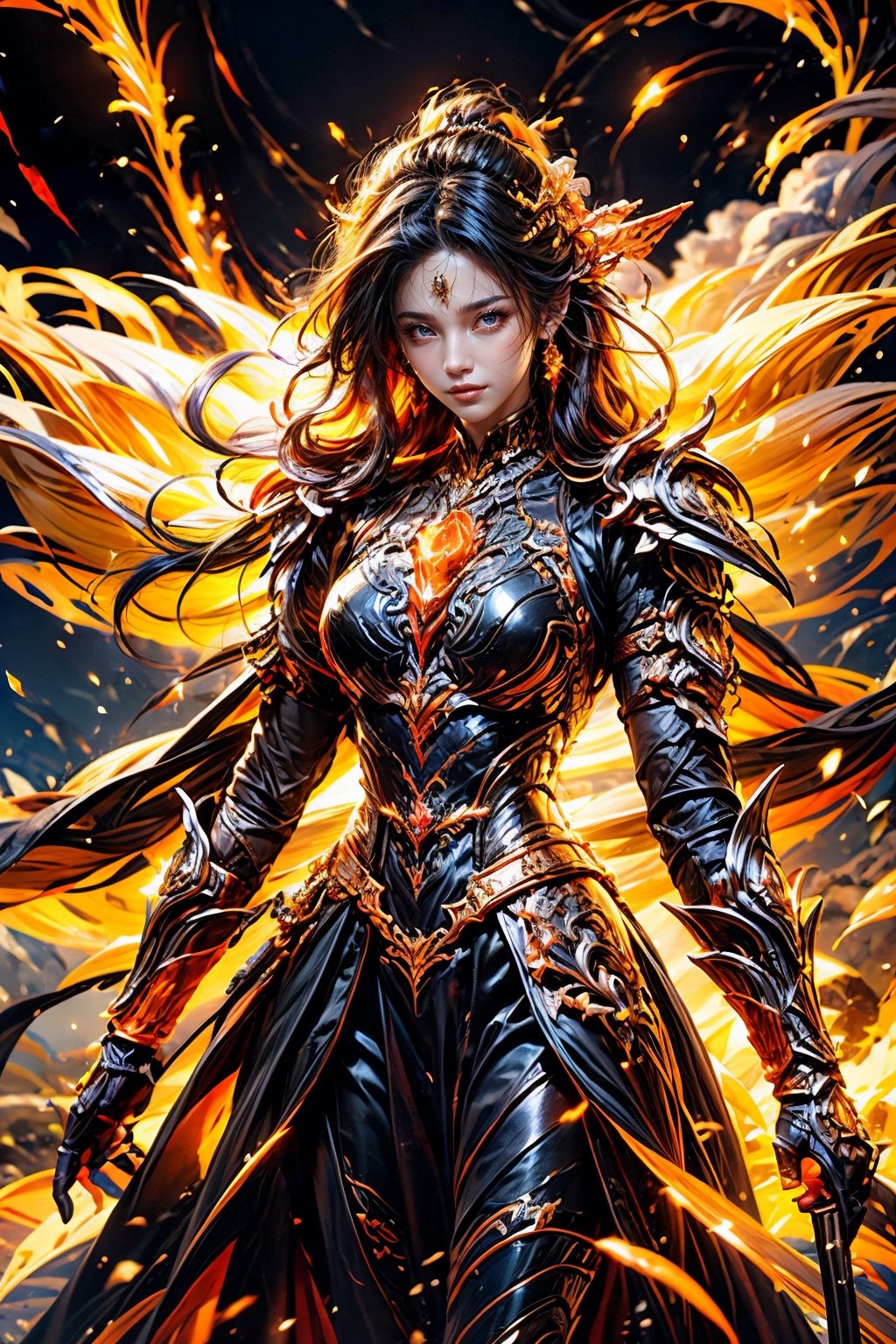 "Generates a visually stunning high-quality 4K ultra HDR image featuring a handsome, athletic young woman warrior with black hair and tanned skin. Dress him in magical space opera-style armor that shines with power, accentuating his might. ( Ensures meticulous details in the design of the armor, making it both ornate and functional). ( Place in your hand a glowing, shiny, smooth sword that emanates a dangerous glow). Create a perfect, super-realistic scene that combines photographic excellence, photorealism and fantasy aesthetics. The image must encapsulate the essence of an anti-hero in a mythical world, where every detail, from the warrior's expression to the magical elements, contributes to a visually captivating and immersive experience.",mecha musume , fullbody,huoshen