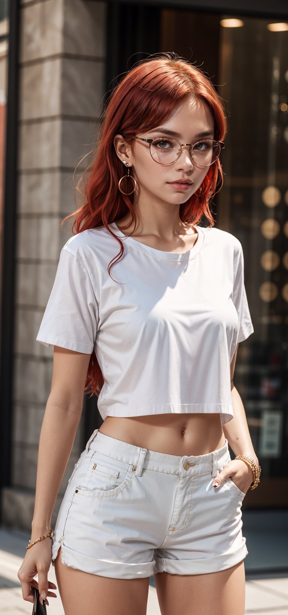 A woman with red hair, In a mini shirt, in white shorts, Glasses, earrings,  