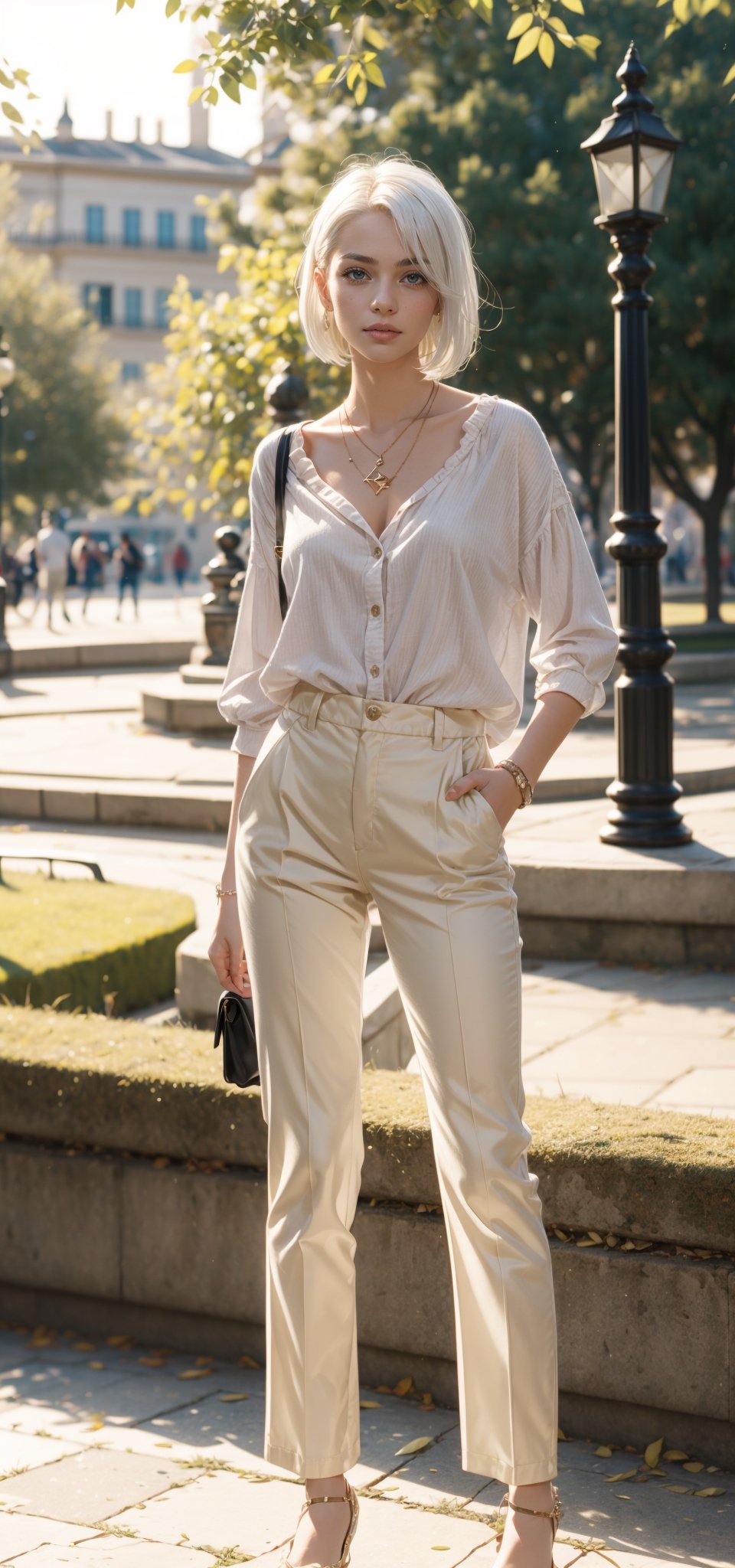 Girl in a Svitore and in Trousers with white hair, In the park,1 girl