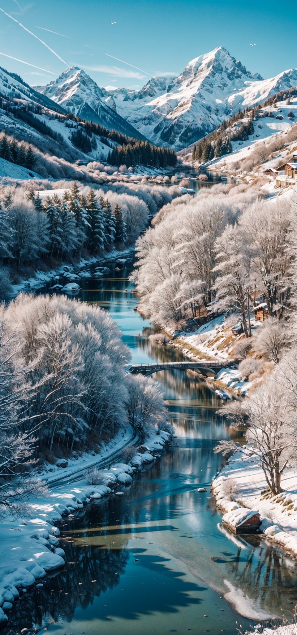 In the distance, you can see high mountains with snow-covered peaks. The river meanders through the valley, reflecting the clear sky and the surrounding nature. The air is filled with the scent of fresh flowers, and the singing of birds adds melodious sounds to this beautiful landscape.