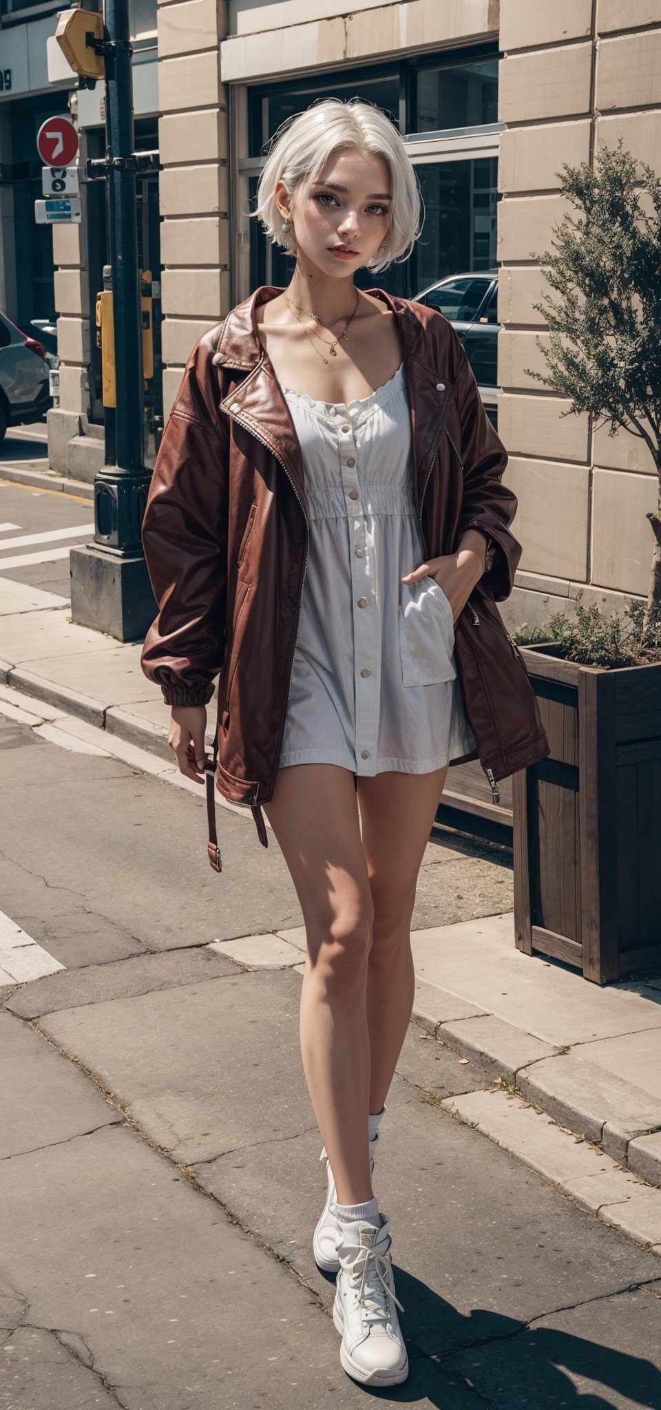 Girl in a  dress with white hair and a jacket 