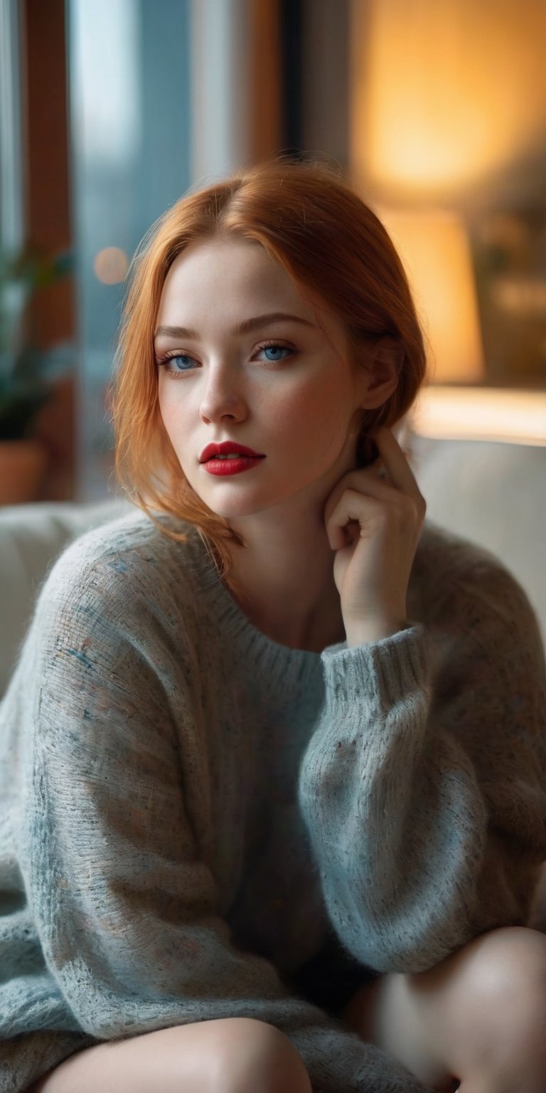 Create a hyper-realistic image of a serene scene with a woman with straight orange chin-length hair, captivating blue eyes and red lips. Delicate freckles adorn the area above the eyes. Dressed in a cozy knitted ensemble, she sits on the couch in a warmly lit room, surrounded by dreams, creating an atmosphere of tranquility and beauty.