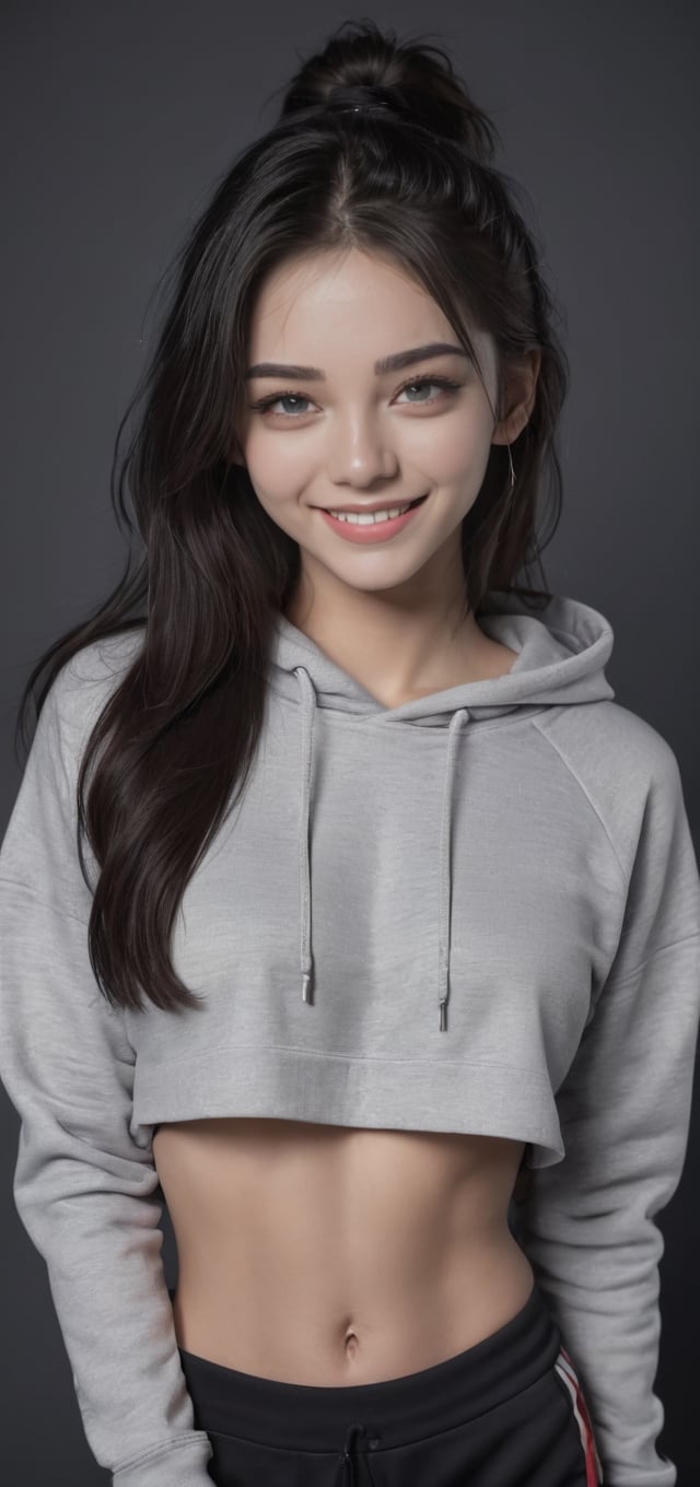 4k,best quality,masterpiece,20yo 1girl,(cropped sweatshirt),(demin pant), alluring smile, open hoodie,

(Beautiful and detailed eyes),
Detailed face, detailed eyes, double eyelids ,thin face, real hands, muscular fit body, semi visible abs, ((short hair with long locks:1.2)), black hair, black background,


real person, color splash style photo,
