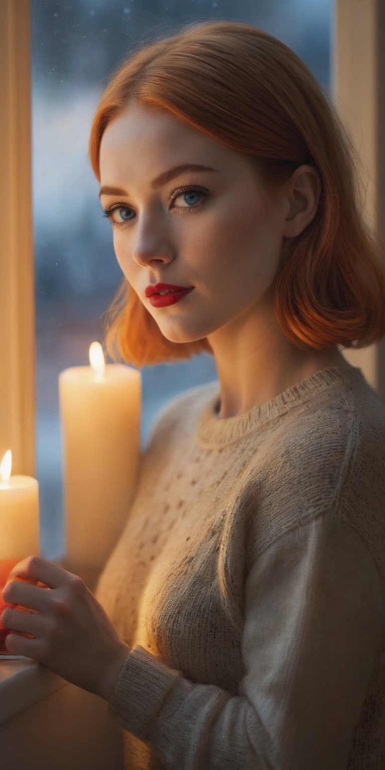 Create a hyper-realistic image of a serene scene with a woman with straight orange chin-length hair, captivating blue eyes and red lips. Delicate freckles adorn the area above the eyes. Dressed in a cozy knitted ensemble, she stands at the window in a warmly lit room, surrounded by candles, creating an atmosphere of tranquility and beauty.