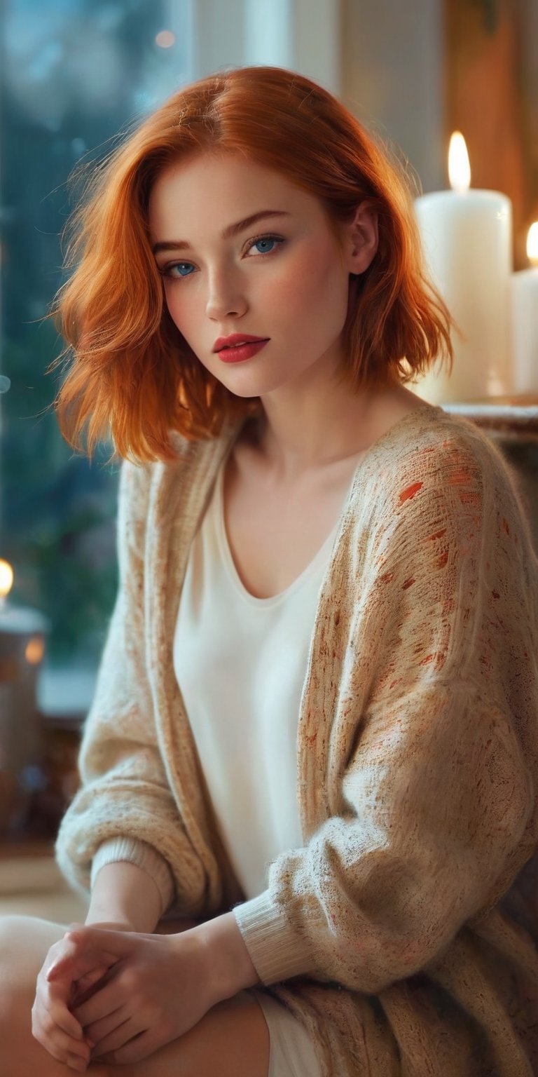 Create a hyper-realistic image of a serene scene with a woman with straight orange chin-length hair, captivating blue eyes and red lips. Delicate freckles adorn the area above the eyes. Dressed in a cozy knitted ensemble, she is in a warmly lit room surrounded by candles, creating an atmosphere of tranquility and beauty.