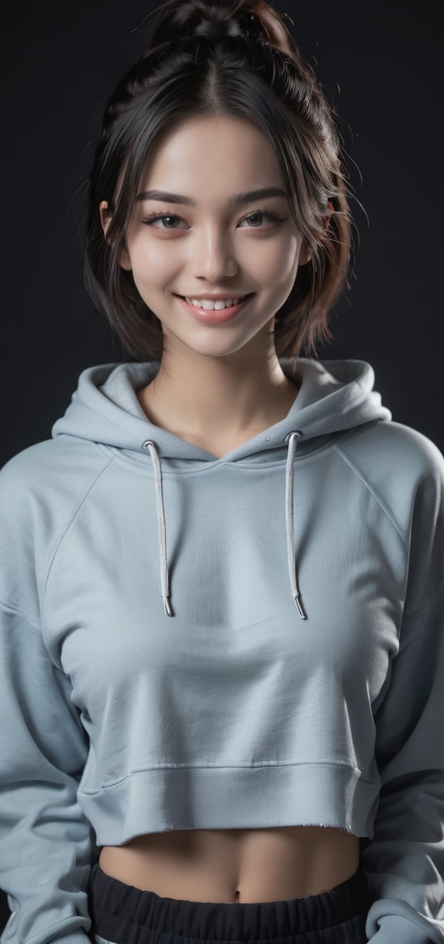 4k,best quality,masterpiece,20yo 1girl,(cropped sweatshirt),(demin pant), alluring smile, open hoodie,

(Beautiful and detailed eyes),
Detailed face, detailed eyes, double eyelids ,thin face, real hands, muscular fit body, semi visible abs, ((short hair with long locks:1.2)), black hair, black background,


real person, color splash style photo,
