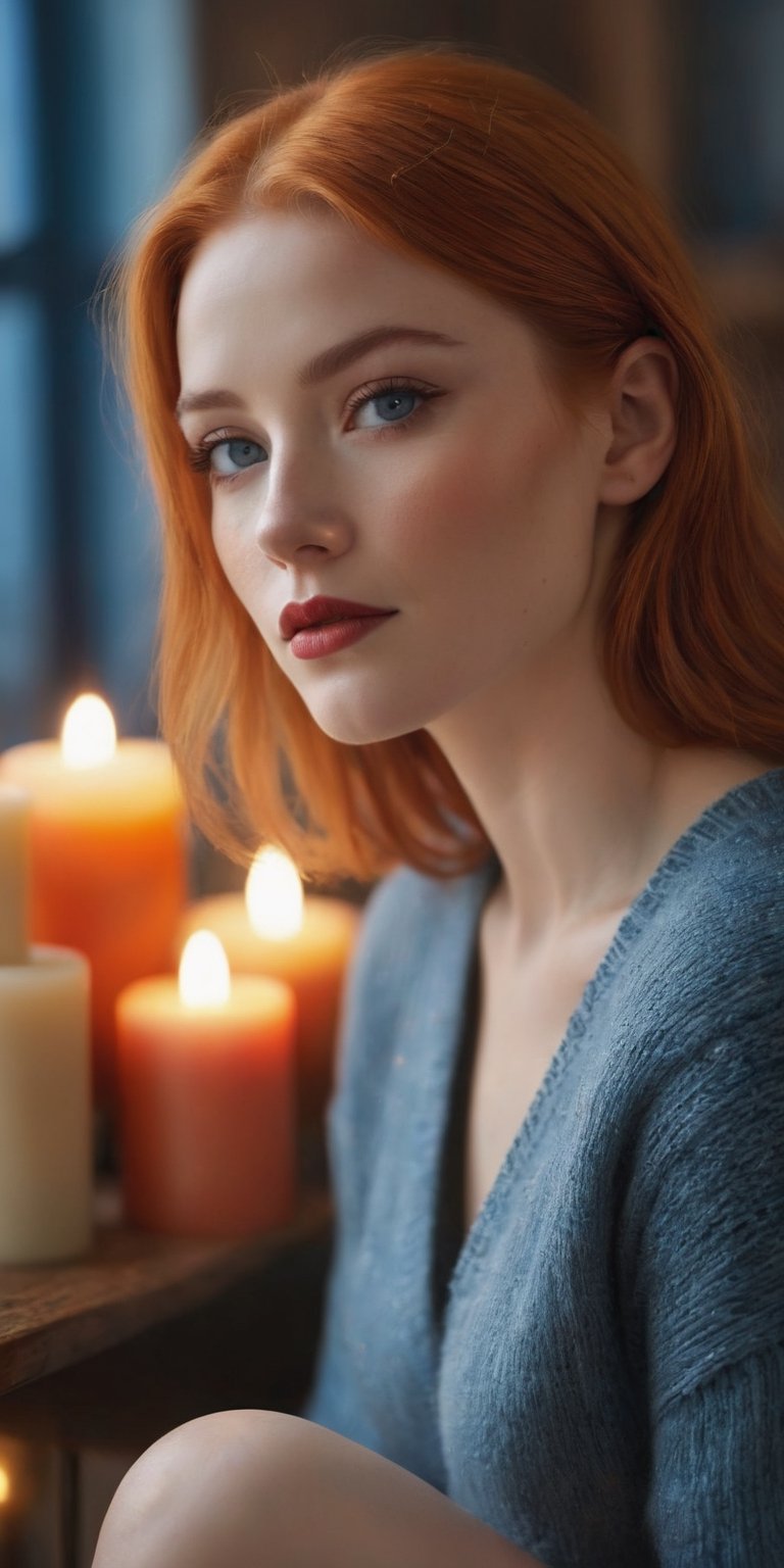 Generate hyper realistic image of a serene scene with a woman featuring chin-length straight orange hair, captivating blue eyes, and red lips. Delicate freckles grace the area above her eyes. Dressed in a cozy knitted ensemble, she sits in a warmly lit room, surrounded by candles, creating an atmosphere of tranquility and beauty.