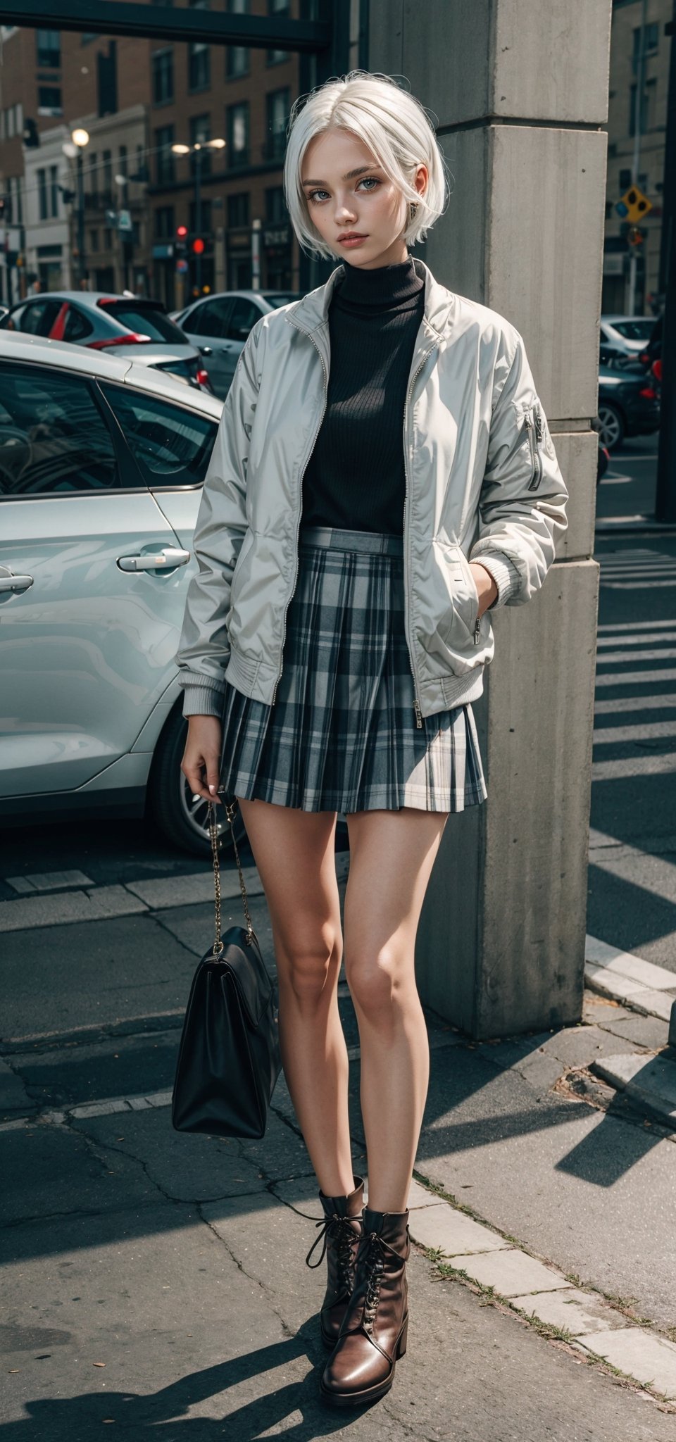 Girl in a Skirt with white hair and a jacket 