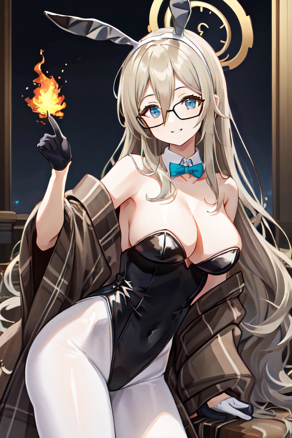 akane bunny, large breasts, pantyhose, black pantyhose, blode hair between eyes, bare shoulders, red bowtie, looking at viewer, official alternate costume, blue eyes, 1girl, strapless, black gloves, long hair, detached collar, black-framed eyewear, red gloves, cleavage, leotard, aqua bow, playboy bunny, white leotard, bow, solo, hand up, glasses, halo, bangs, rabbit ears, animal ears, flame bowtie, fake animal ears, smile, strapless leotard, breasts