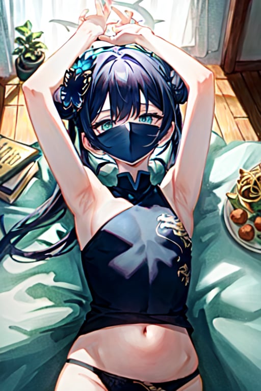 kisaki(blue archive), 1girl, solo, flat chest, small breasts, upper body, blode hair, green eyes, halo, long hair, ponytail, hair bun, red camisole flower design, bare shoulder,spaghetti strap,  hair ornaments , panties only, no pats, midriff, navel, pink panty, on bed, lying, curtains,blue bed sheet, indoor, table, potted flower, windows, from above, arms up , arms reaching out, pov 