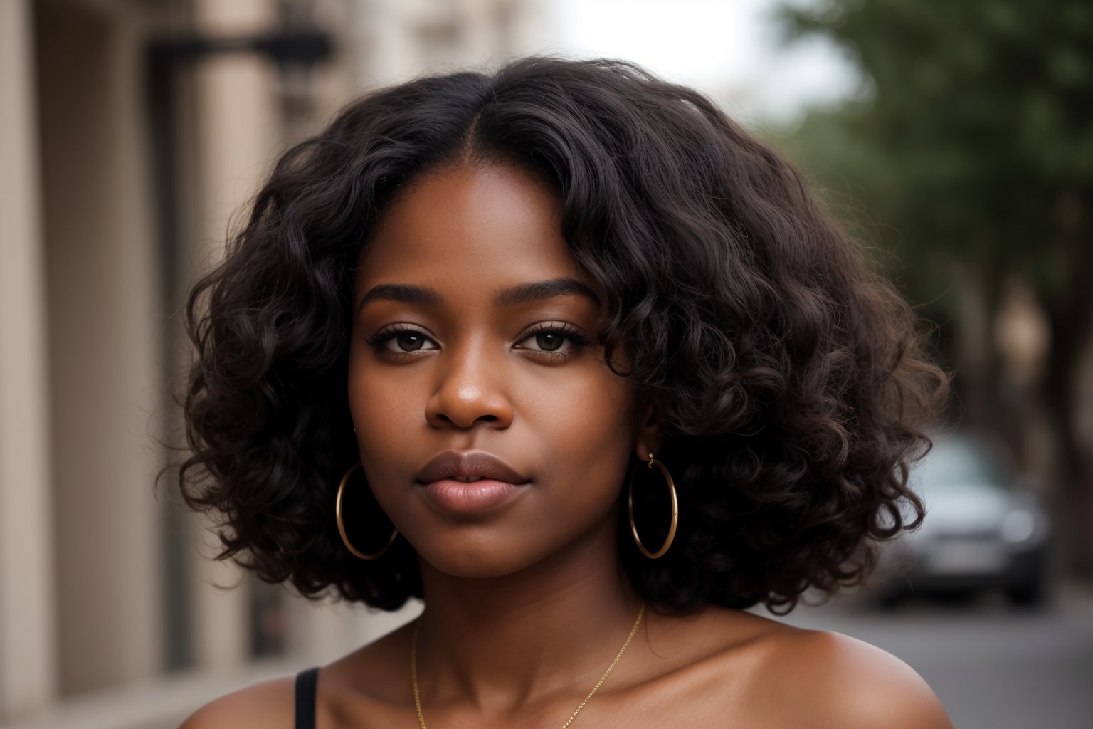 Portrait of a dark-skinned woman, curly hair, thick lips