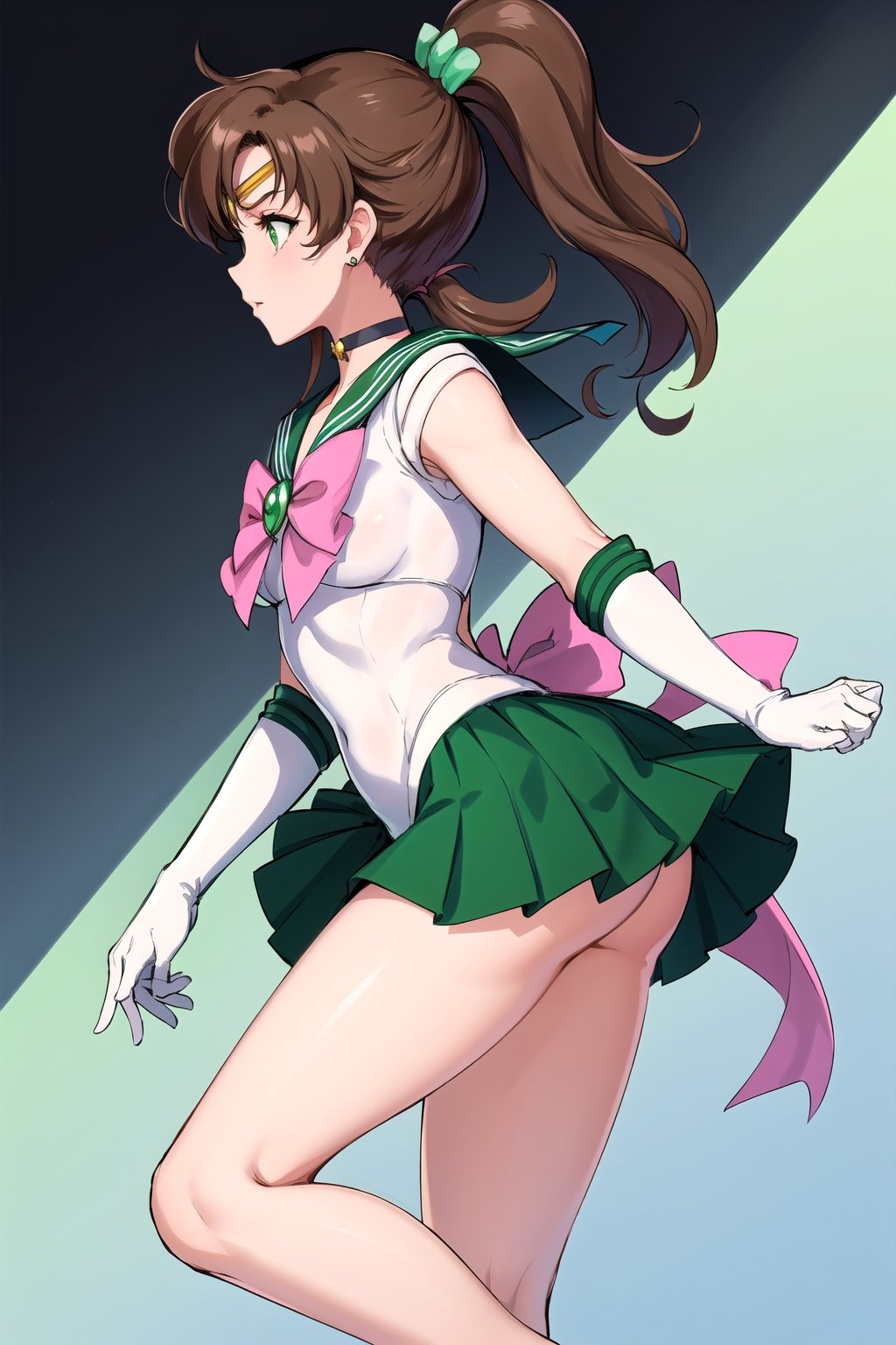 best quality, highres, sailor Jupiter, green eyes, ponytail, jewelry, sailor senshi uniform, green sailor collar, choker, white elbow gloves, pink bow, brooch, leotard, green skirt, smjupiter, slender body, long legs, side view 