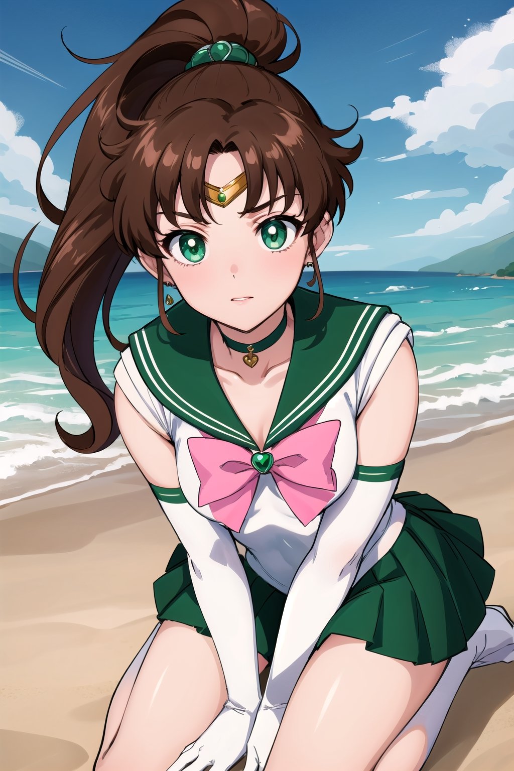 best quality, highres, sailor Jupiter, green eyes, ponytail, jewelry, sailor senshi uniform, green sailor collar, choker, white elbow gloves, pink bow, brooch, leotard, green skirt, smjupiter, kneeling, submissive, beautiful face, on beach 