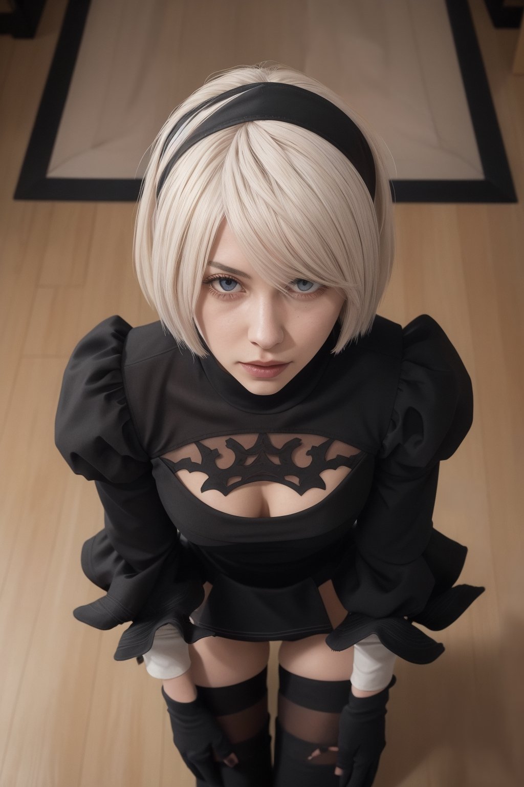 Hyper realistic, very real, masterpiece, best quality, highres, 18yo girl, slender, long sleeves, puffy sleeves, juliet sleeves, black hairband, black dress, skirt, stockings, yorha no. 2 type b, n_2b, on her knees, looking_at_viewer, beautiful, hazel eyes, overhead view 