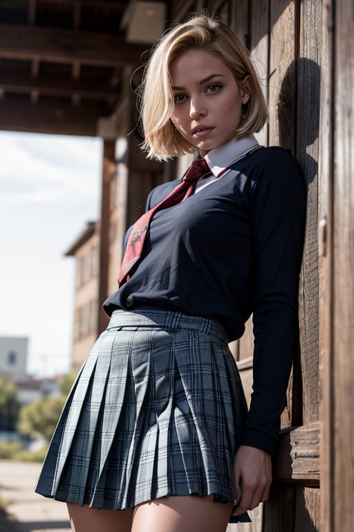 masterpiece, ultra realistic, android 18, extremely detailed face, blonde hair, vivid blue eyes, short hair , schoolgirl uniform, pleated skirt, pov looking down , bruise, dirty, torn clothes, revealing clothes, <br />