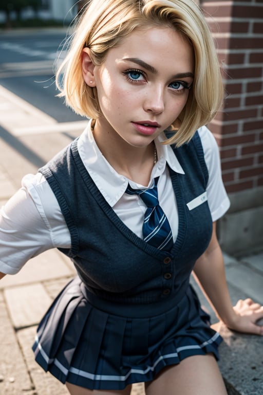 masterpiece, ultra realistic, android 18, extremely detailed face, blonde hair, vivid blue eyes, short hair , schoolgirl uniform, pleated skirt, pov looking down 