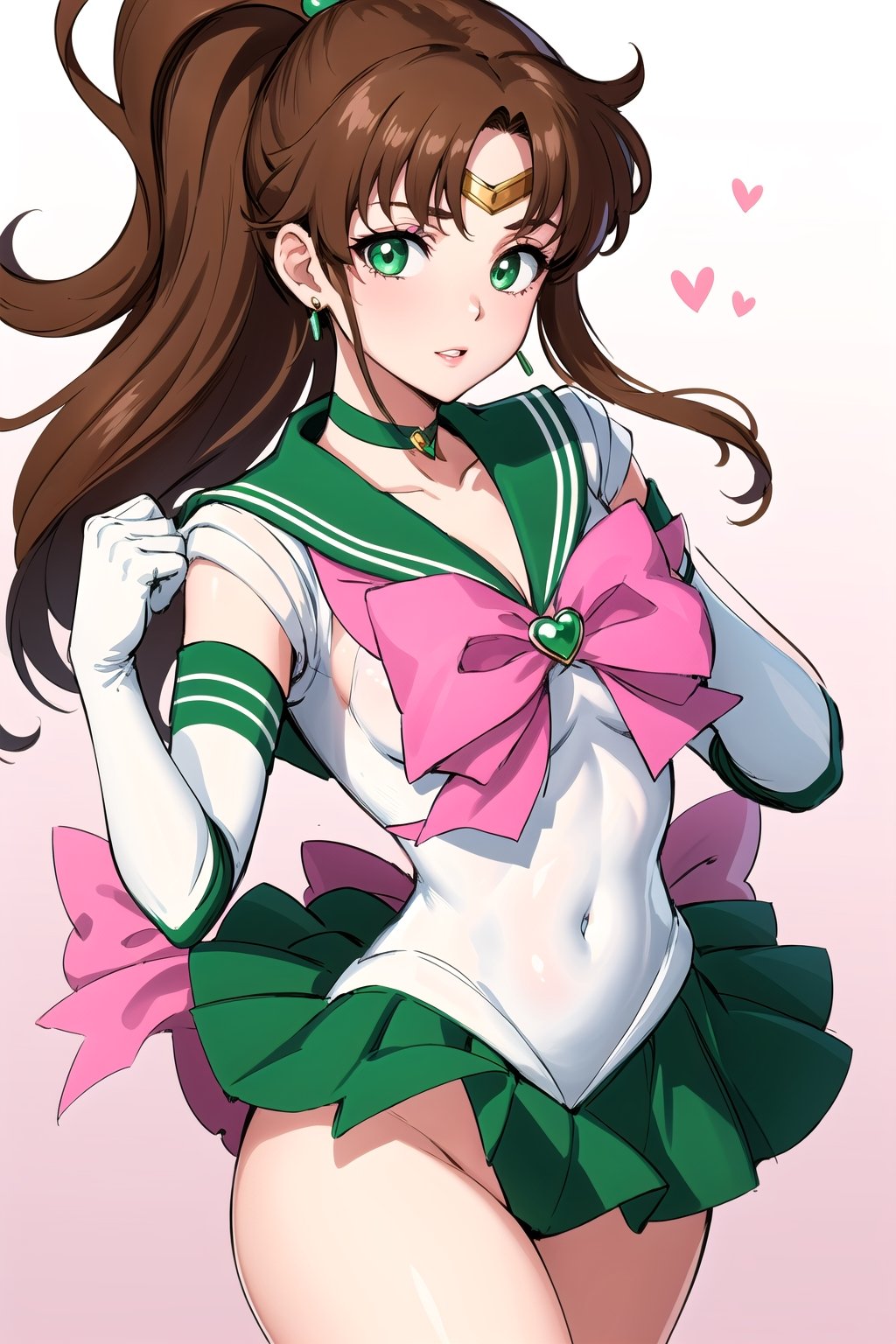 best quality, highres, sailor Jupiter, green eyes, ponytail, jewelry, sailor senshi uniform, green sailor collar, choker, white elbow gloves, pink bow, brooch, leotard, green skirt, smjupiter, closeup face portrait, makeup, sexy