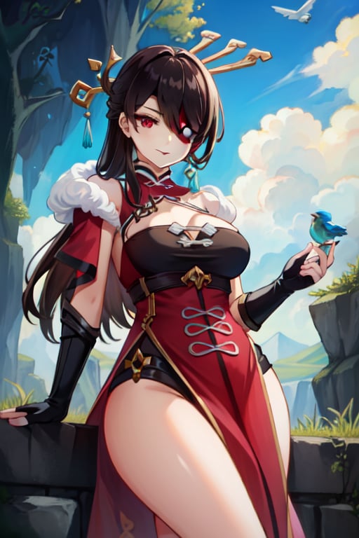 samira(league of legend), smile, one eye covered, brown hair, cleavage, bird, eyepatch, solo, hair over one eye, sky, fingerless gloves, thighs, black gloves, red eyes, outdoors, hair ornament, jewelry, dress, earrings, gloves, day, cloud, long hair, looking at viewer, red dress, blue sky, pelvic curtain, chinese clothes, 1girl, hairpin