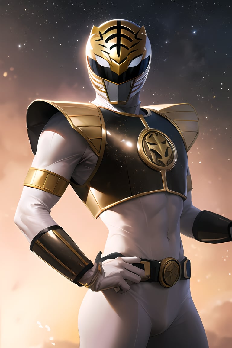 ((masterpiece,best quality)), absurdres,, White_Ranger, solo, black breastplate, tokusatsu, detailed helmet and armor, stars and space in background, cinematic composition, dynamic pose,