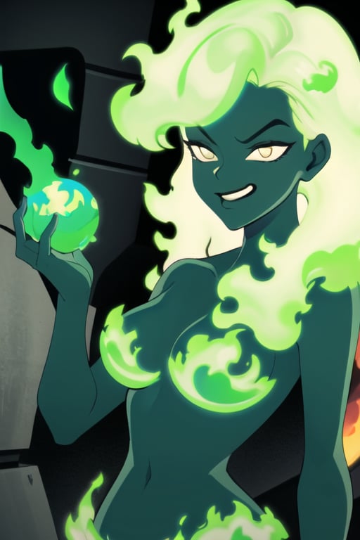 ((masterpiece,best quality)), absurdres, cowboy shot, cinematic composition,, fire_lit_DC, 1girl, green glow, upper body, long hair, smug, holding green fireball, magic,