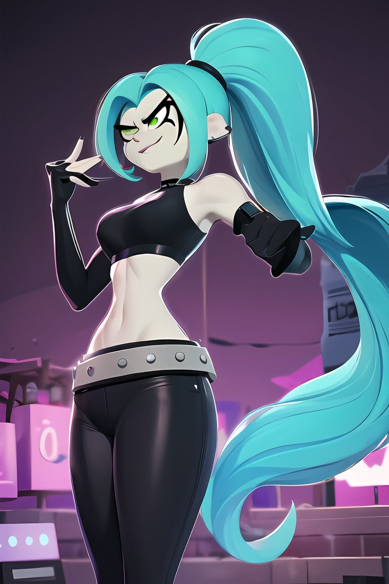 ((masterpiece,best quality)), absurdres,  , Ember_McLain_Danny_Phantom, pony tail, aqua hair,smug, goth, big belt, blue fire and music notes in background, cinematic composition, dynamic pose,3DMM