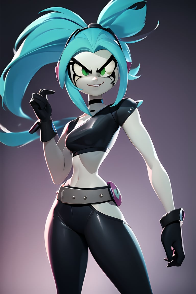 ((masterpiece,best quality)), absurdres,  , Ember_McLain_Danny_Phantom, pony tail, aqua hair,smug, goth, big belt, blue fire and music notes in background, cinematic composition, dynamic pose,3DMM