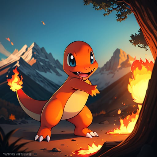 ((masterpiece,best quality)), absurdres,, Charmander_Pokemon,   flame-tipped tail, pokemon_\(creature\),full_body, facing viewer, looking at viewer,embers, explosion, fangs, swirling flames,mountain, nature, no_humans,  outdoors,  sky, tree