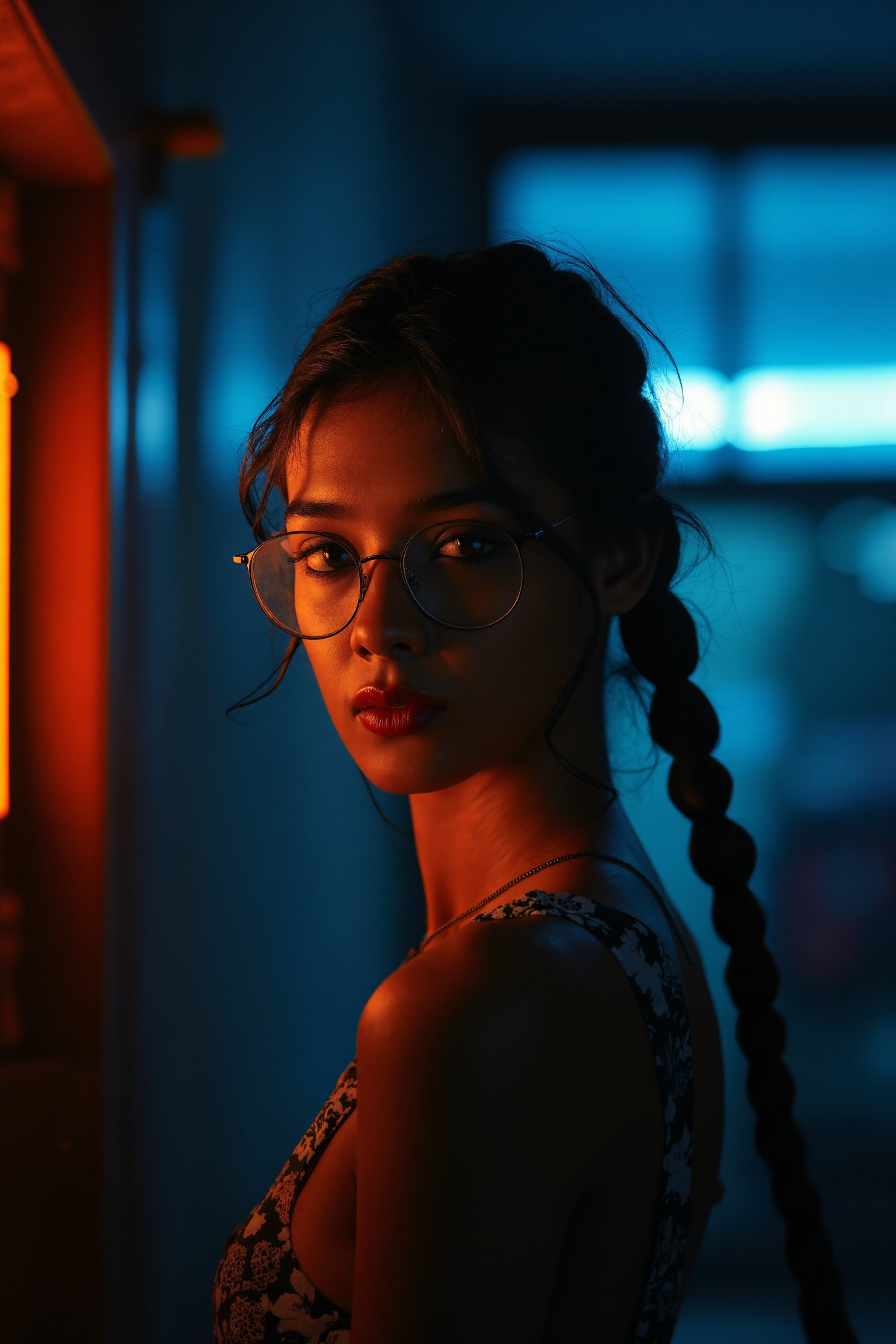 1girl, 18 year old, big eye glasses, twin tail ponytail:2, braided hair, Captured in a dramatic, low-key setting, a beautiful model slowly emerges from the darkness. Shadows dance across her pale skin as she steps into the faint, flickering light. Her features are softened, yet her eyes gleam like lanterns in the night. Brushstrokes of cobalt blue and cadmium red swirl around her, imbuing the atmosphere with an air of intrigue. The model's slender form is silhouetted against a dark, moody backdrop, as if conjured from the shadows themselves.,aesthetic portrait,