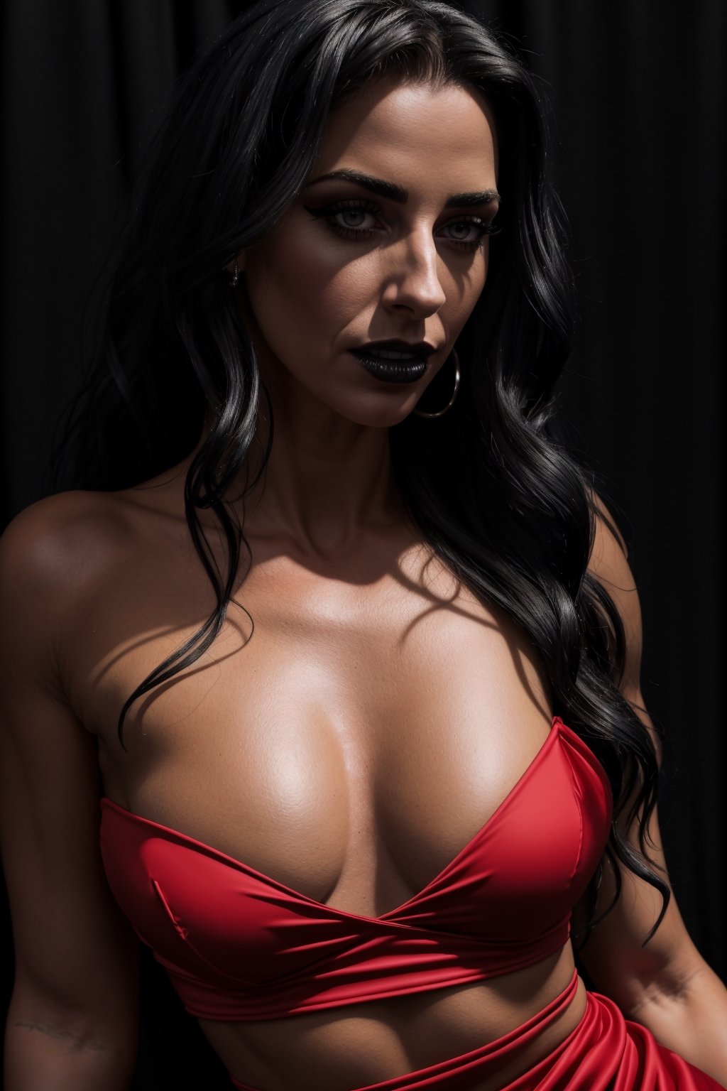 full body photograph of hyper-realistic Claudia Black at a party in a dark stripclub, wearing a tight black and red strapless dress, cleavage, hyper-detailed, matte black lipstick, matte black eyeshadow, heavy, horny, seductive facial expression,