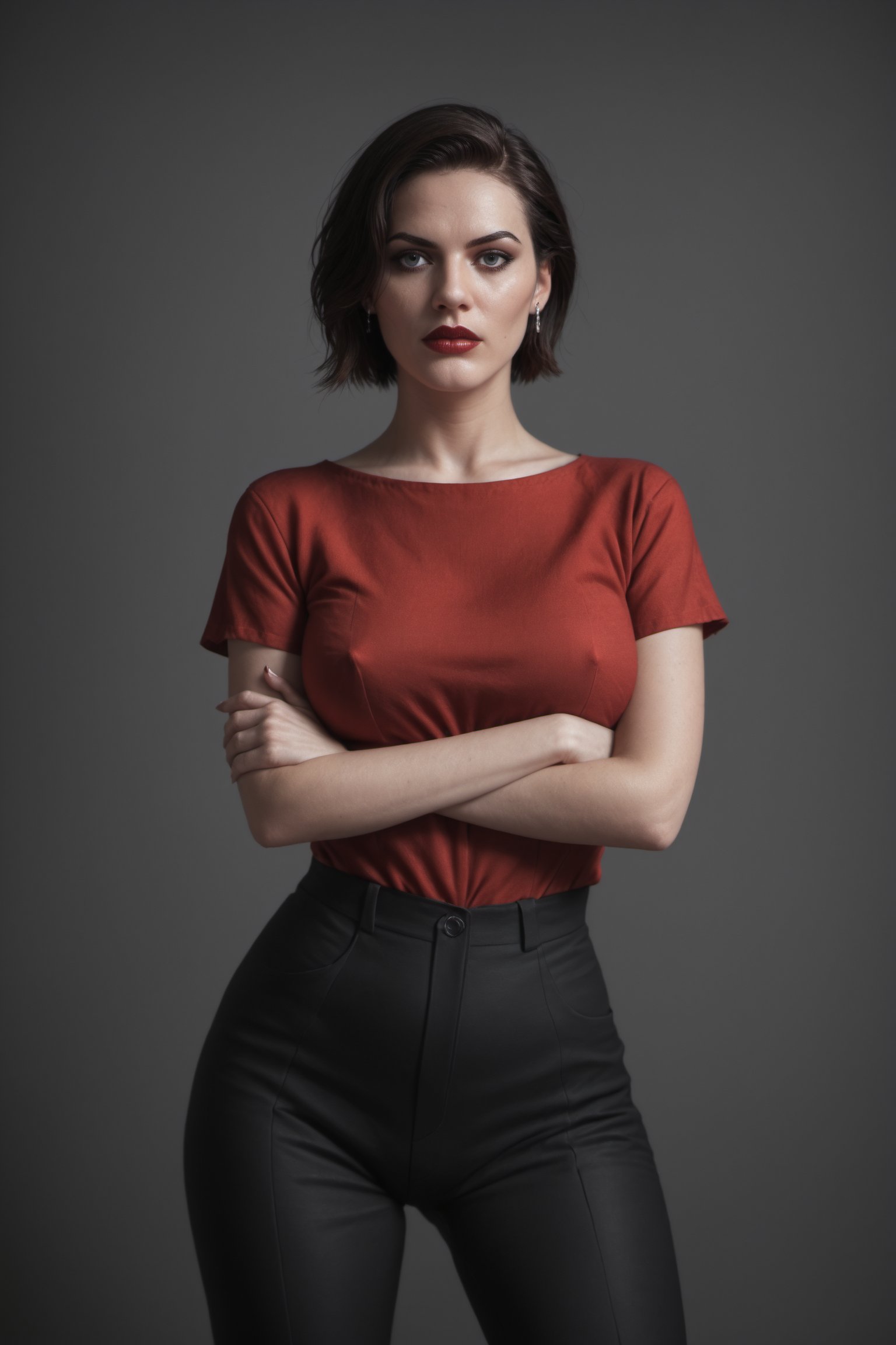 In a sleek hotel lobby, a hyper-realistic Arab woman stands tall, her short hair a precise, razor-cut frame. She wears a fitted black suit and crisp red button-up shirt, accentuating her toned physique. Her skin texture is so detailed it appears almost three-dimensional, with subtle pores and natural undertones. As a female bodyguard, she exudes confidence, her hands crossed in front of her, standing at the ready. Her facial expression is intense, a Kubrick-esque stare that conveys unwavering focus and authority, as if daring anyone to test her resolve.
