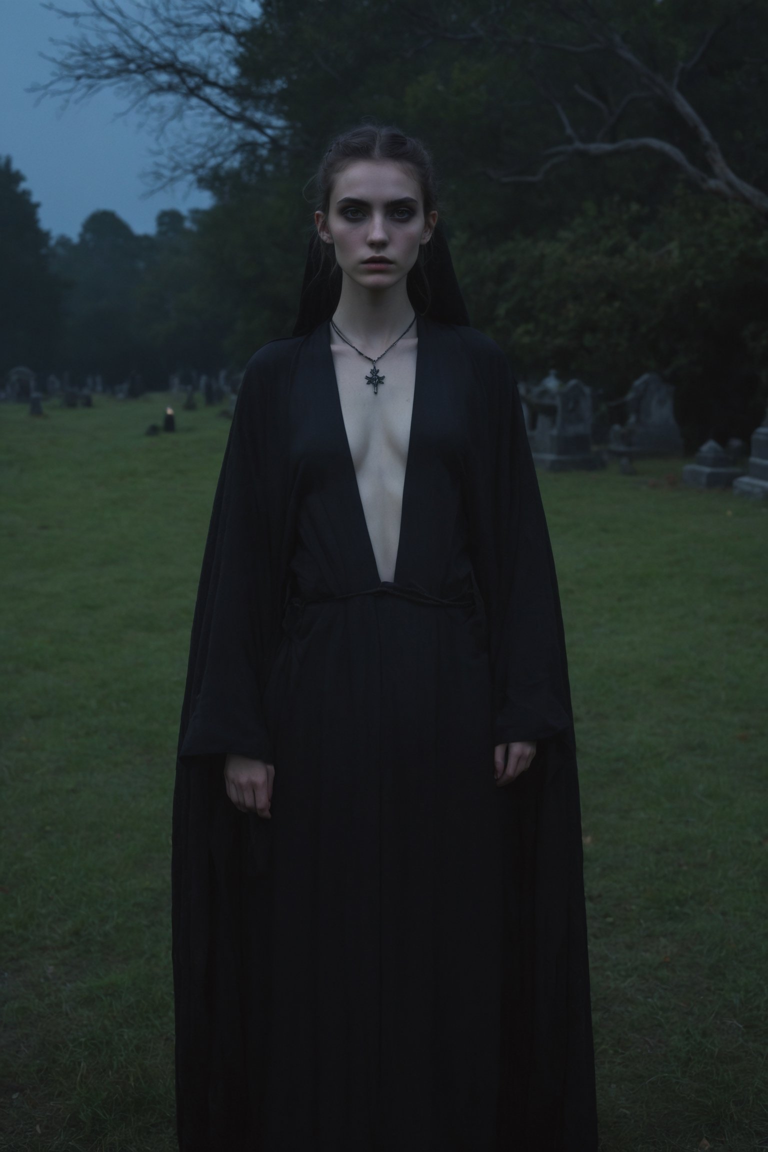 hyper-realistic 14 year old skinny witch with a very gaunt face and deep eye sockets, defined clavicle, defined ribcage, hair in a loose bun style, wearing an extremely loose fitting black robe wearing an occult necklace, alone in a dark graveyard, kubrick stare, staring directly at the camera, sunken eye sockets, sunken cheeks, hyper-realistic body, natural body, thick natural pubic hair, natural saggy breasts, natural face, dark lighting, intense lighting, night time, fire light, dark shadows, ((ghosts in the background)), thick fog, haze, eyes rolling back, ritual, sacrifice, ((experiencing an orgasm))