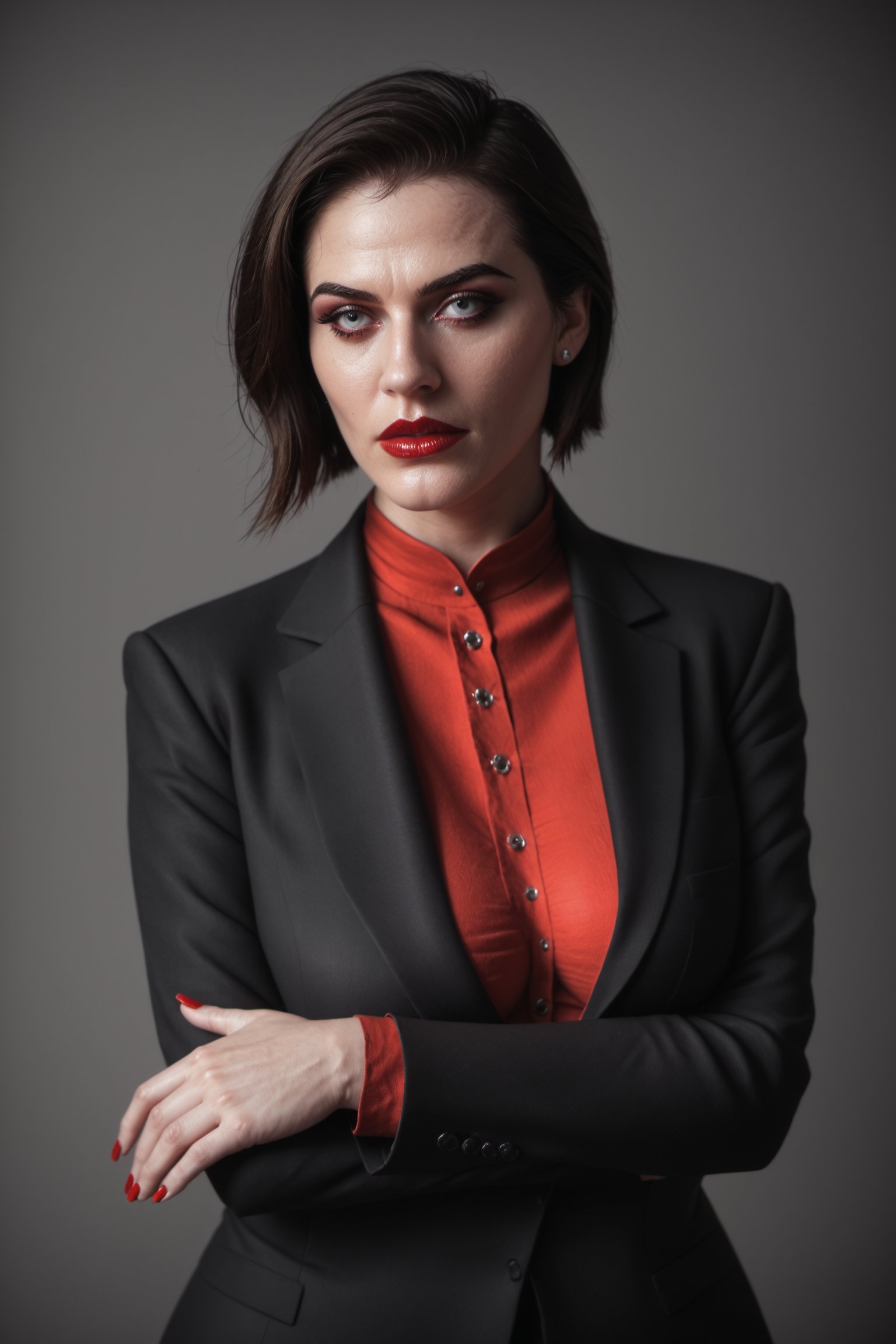 In a sleek hotel lobby, a hyper-realistic Arab woman stands tall, her short hair a precise, razor-cut frame. She wears a fitted black suit and crisp red button-up shirt, accentuating her toned physique. Her skin texture is so detailed it appears almost three-dimensional, with subtle pores and natural undertones. As a female bodyguard, she exudes confidence, her hands crossed in front of her, standing at the ready. Her facial expression is intense, a Kubrick-esque stare that conveys unwavering focus and authority, as if daring anyone to test her resolve.
