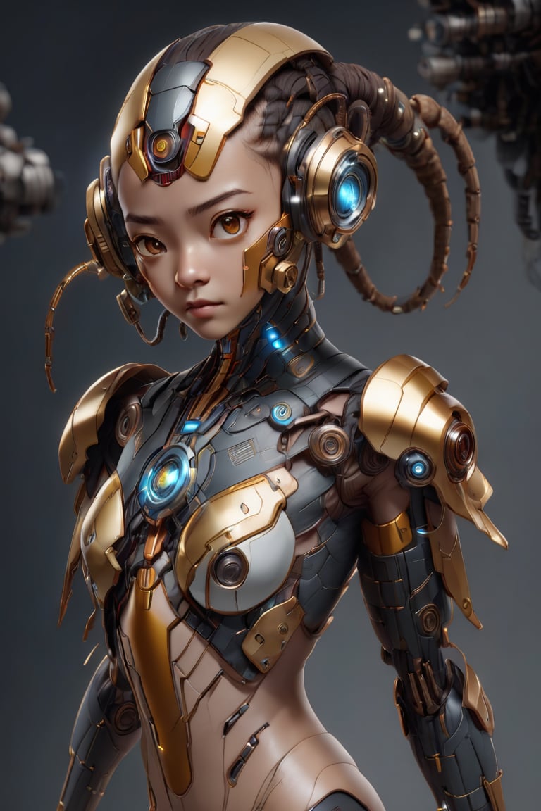 cyborg style, cyborg, 3d style,3d render,cg,beautiful, (1girl, looking at viewer,close up), brown eyes, cyborg , mechanical limbs,cute gloves, dancing, dynamic pose, black metalic parts,golden parts, Reflections on metal, ,biopunk style
