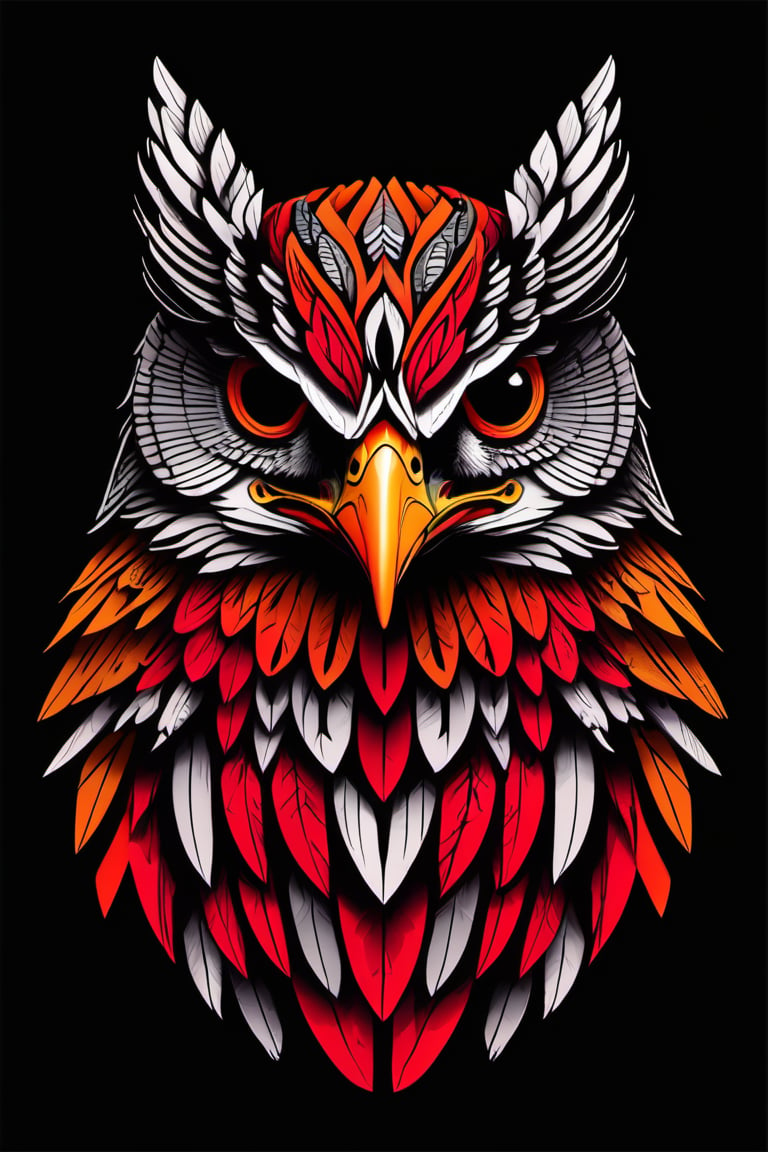 Tribal Spirit animals: tribal art, featuring a intricately detailed spirit animal hawk. cute, powerful, mysterious, high contrast, The design incorporates geometric patterns and bold linework to create a striking and powerful composition. Black background, 8k, ready to print illustration of hand drawn hawk, simple vector, black white orange, few colors and many shades, clean and sharp lines