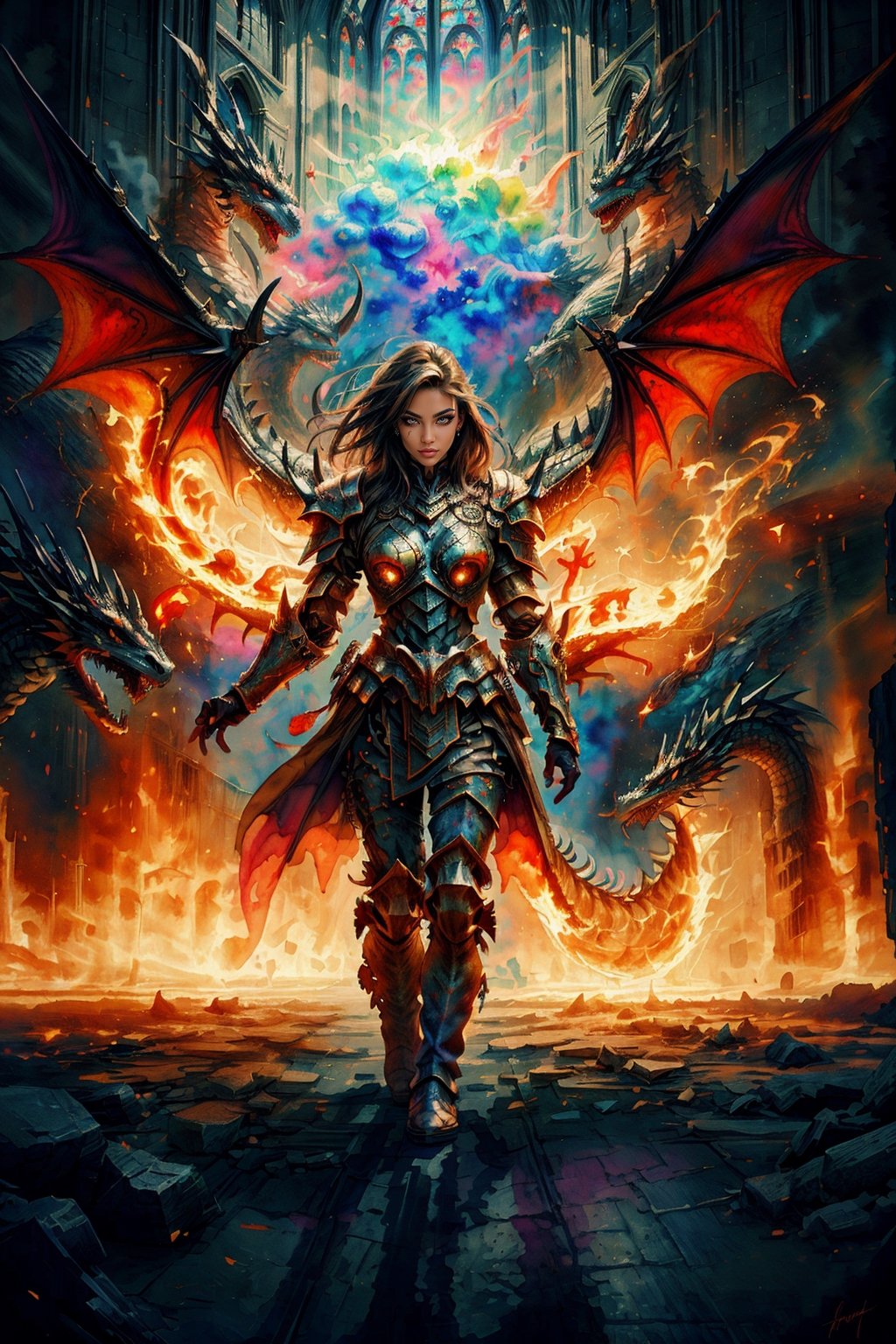 (best quality, masterpiece, colorful, raw photo, dynamic angle, highest detailed, hyper realistic, watercolor painting), beautiful deamon girl in chaos armor, garter, and boots standing in a cathedral made of dragons and fire, cowboy shot