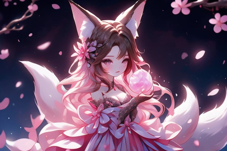 Girl with short brown hair, fox ears and tail, plum blossoms in hair, silk dress with petals, magical aura,yaohu,1 girl,chibi