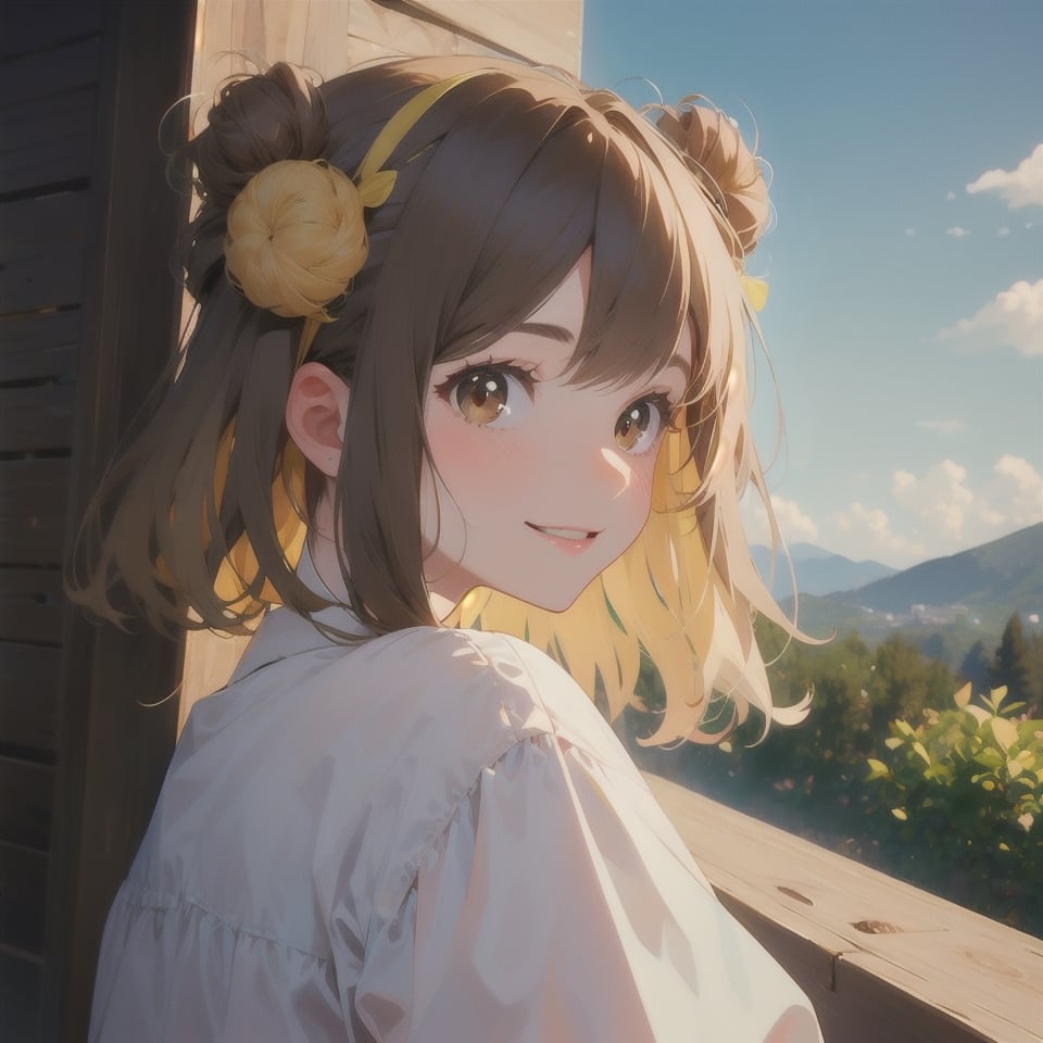 (masterpiece, best quality, 8k), 1girl, (brown_hair, colored blonde inner hair, two bun hair), brown_eyes, cute, blushing, (noise: 0.65), potrait,  smile